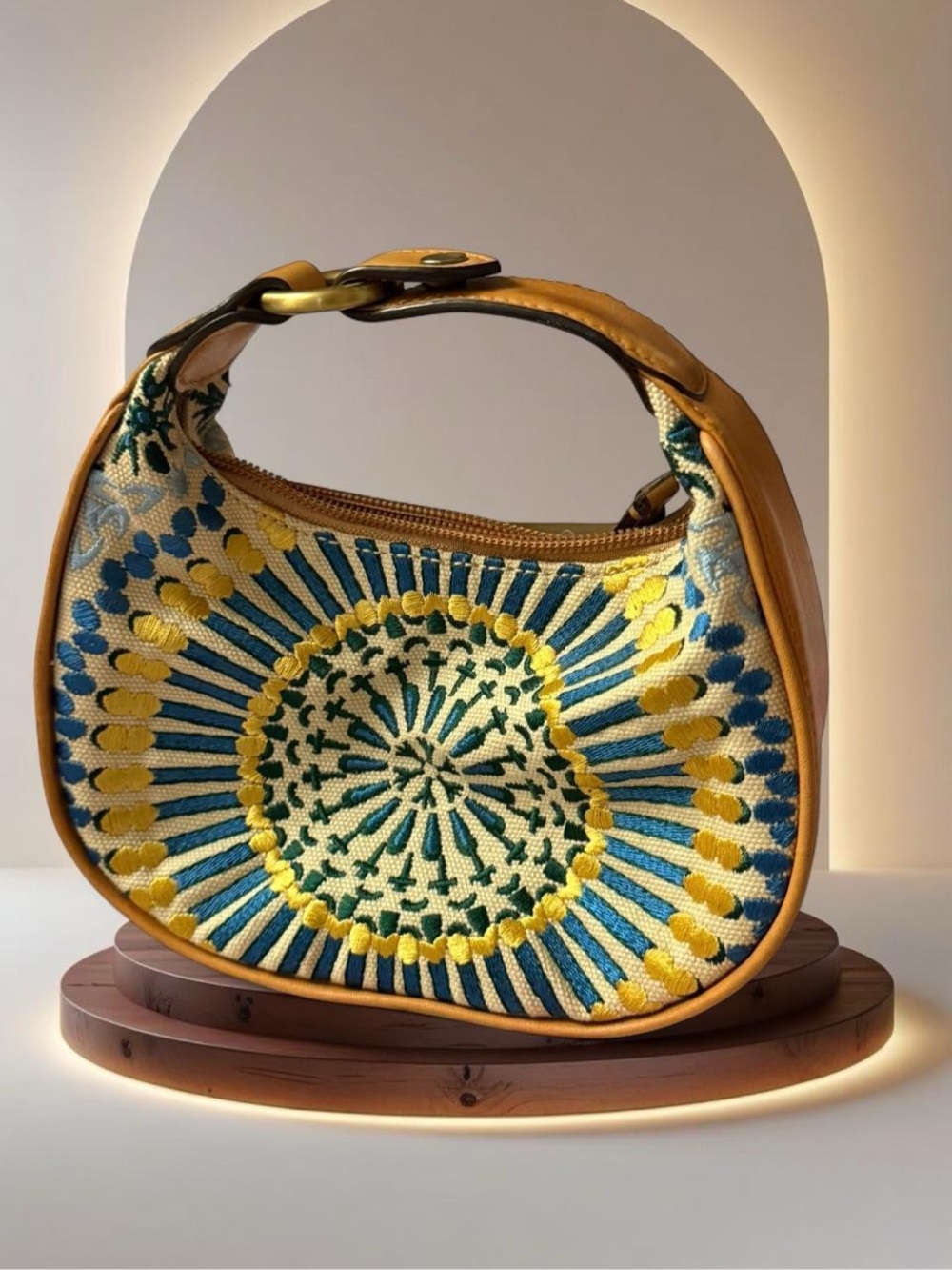 Cole Haan Yellow, Blue & Tan Embroidered Hobo Shoulder Bag